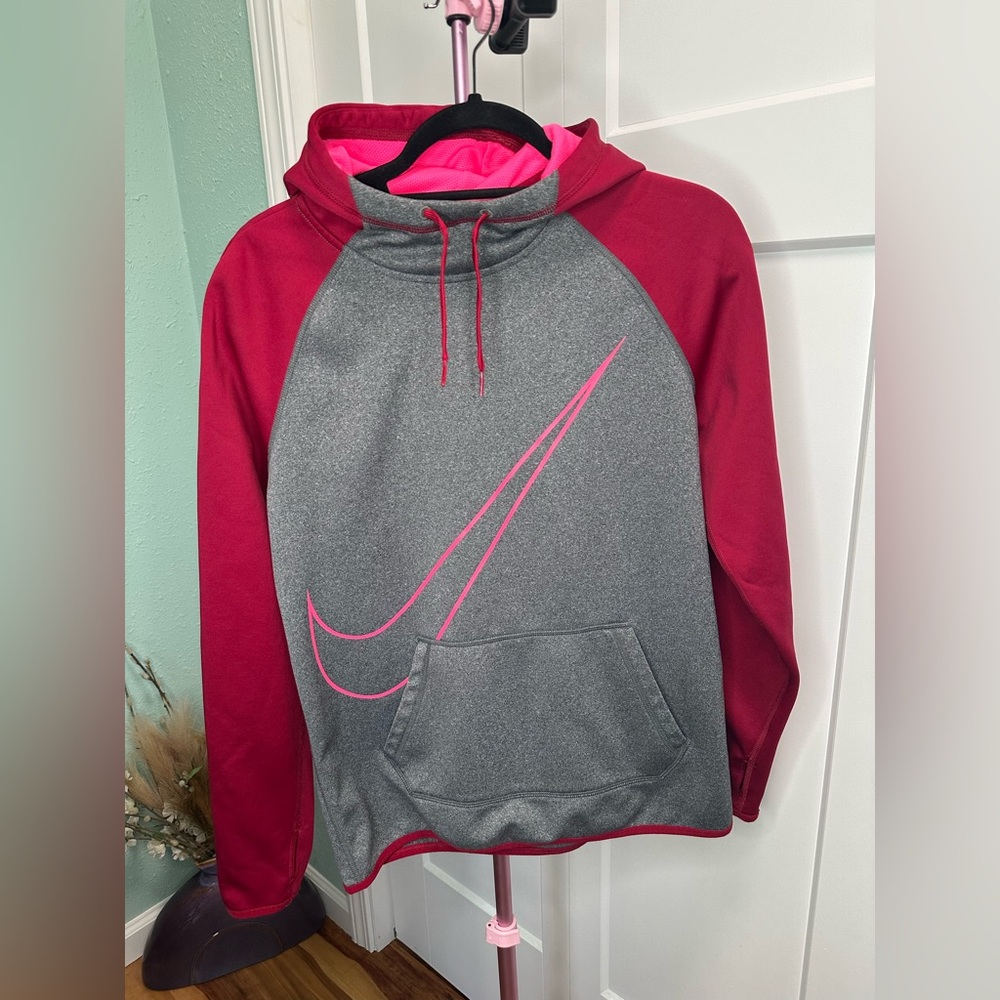 Nike Dri Fit Womens Medium Swoosh Polyester Hoodie Gray Red Pink thumb holes